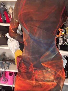 Farai London Abstract Orange & Black Long Sleeve Sheer Dress